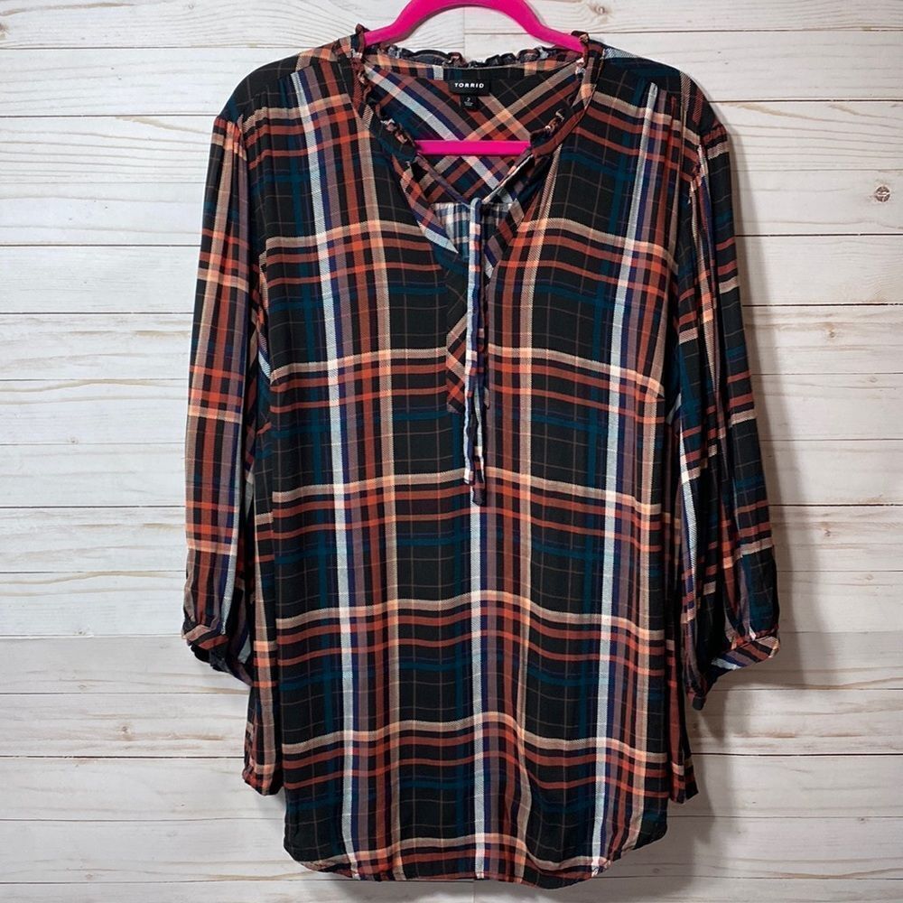 Torrid Rayon Twill Tie Neck Peasant Blouse Top